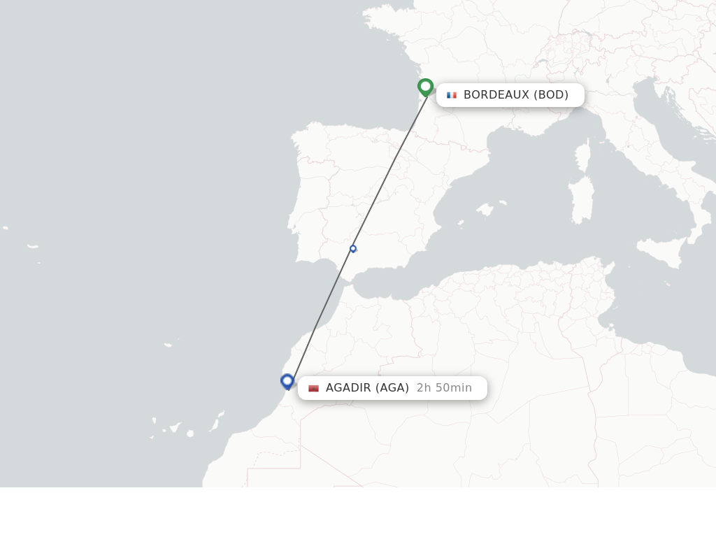 Flights from Bordeaux to Agadir route map