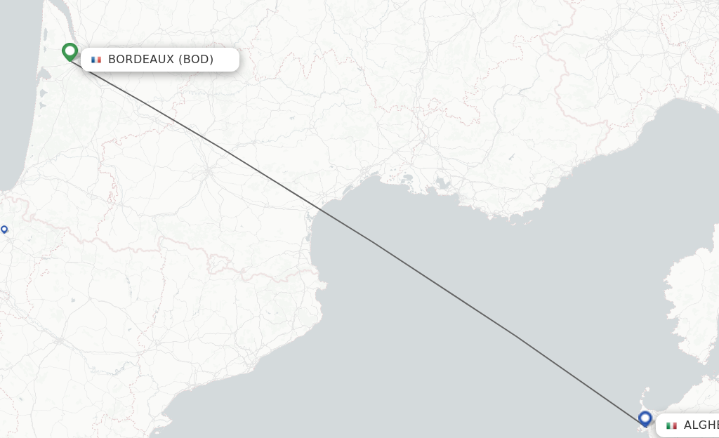 Flights from Bordeaux to Alghero route map