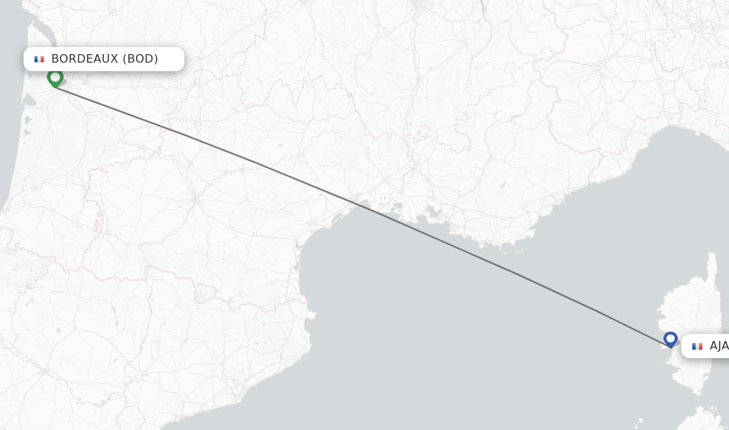 Flights from Bordeaux to Ajaccio route map