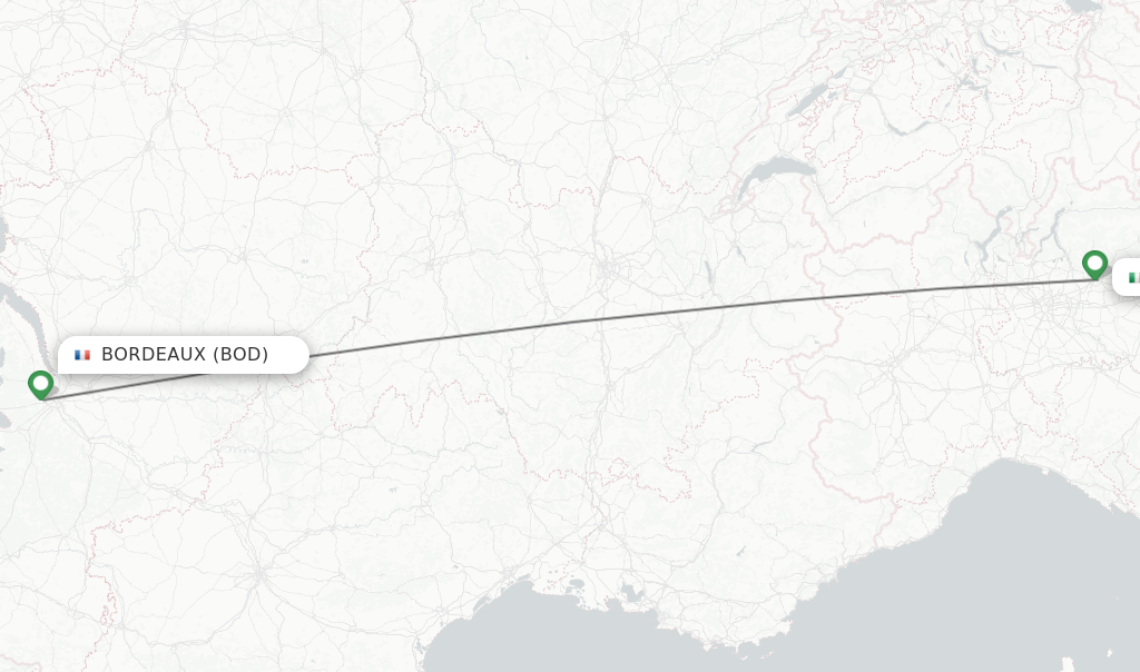 Flights from Bordeaux to Milan route map