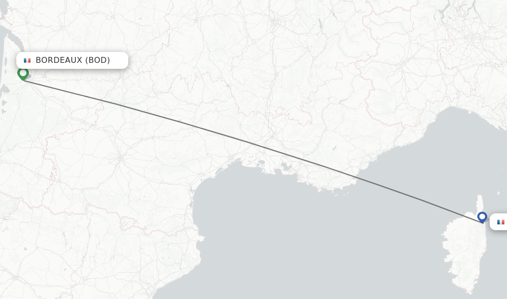 Flights from Bordeaux to Bastia route map