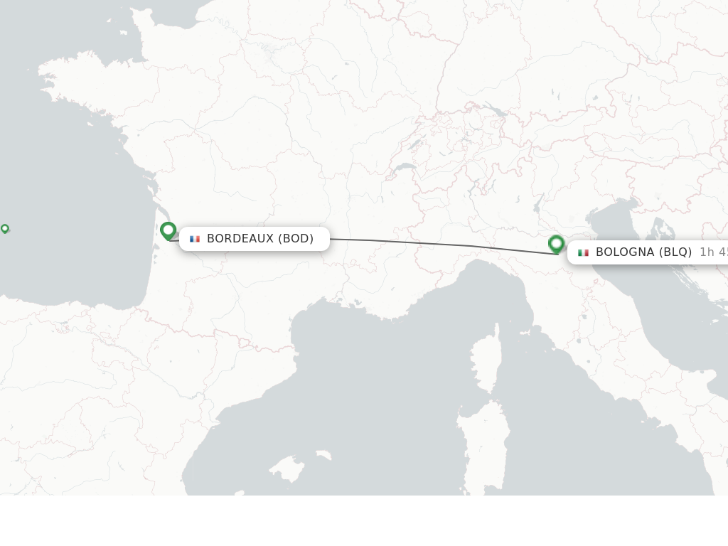 Flights from Bordeaux to Bologna route map