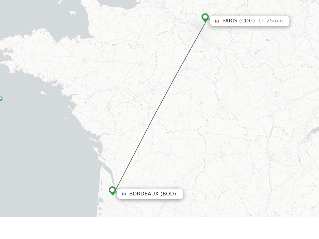 Flights from Bordeaux to Paris route map