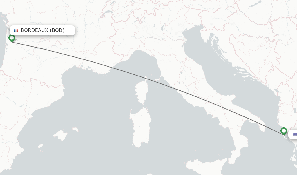 Flights from Bordeaux to Kerkyra route map