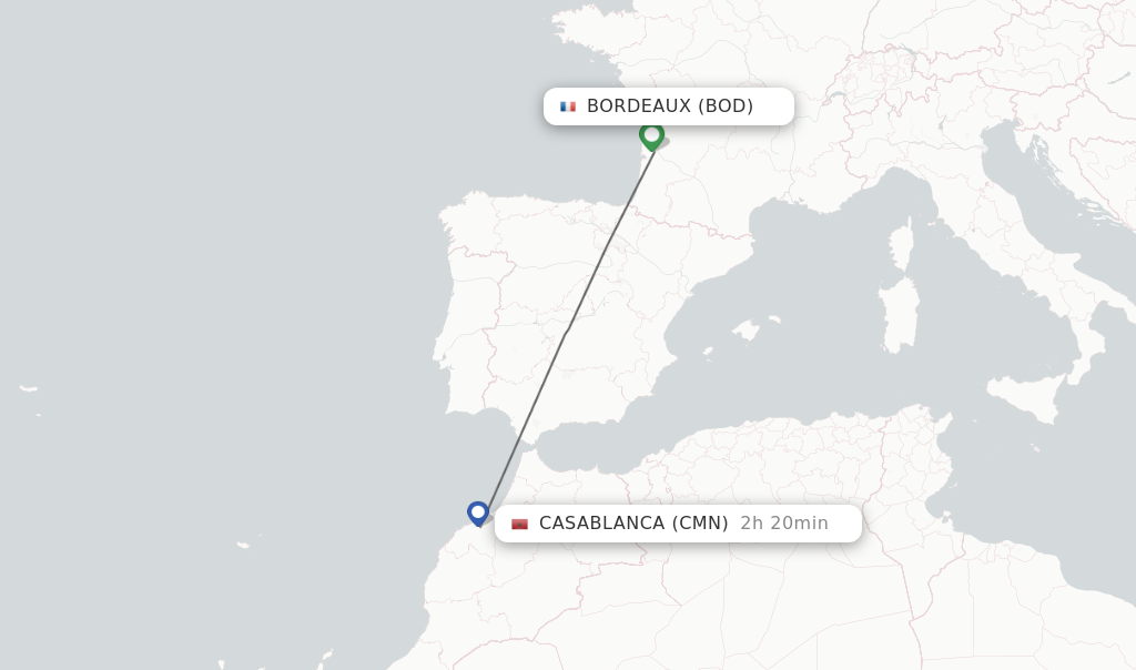 Flights from Bordeaux to Casablanca route map