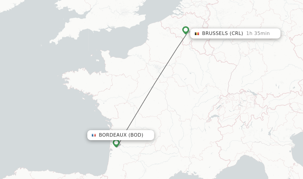 Flights from Bordeaux to Brussels route map