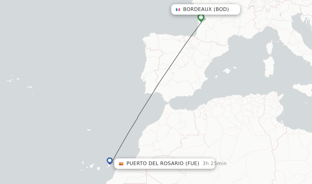 Flights from Bordeaux to Puerto del Rosario route map