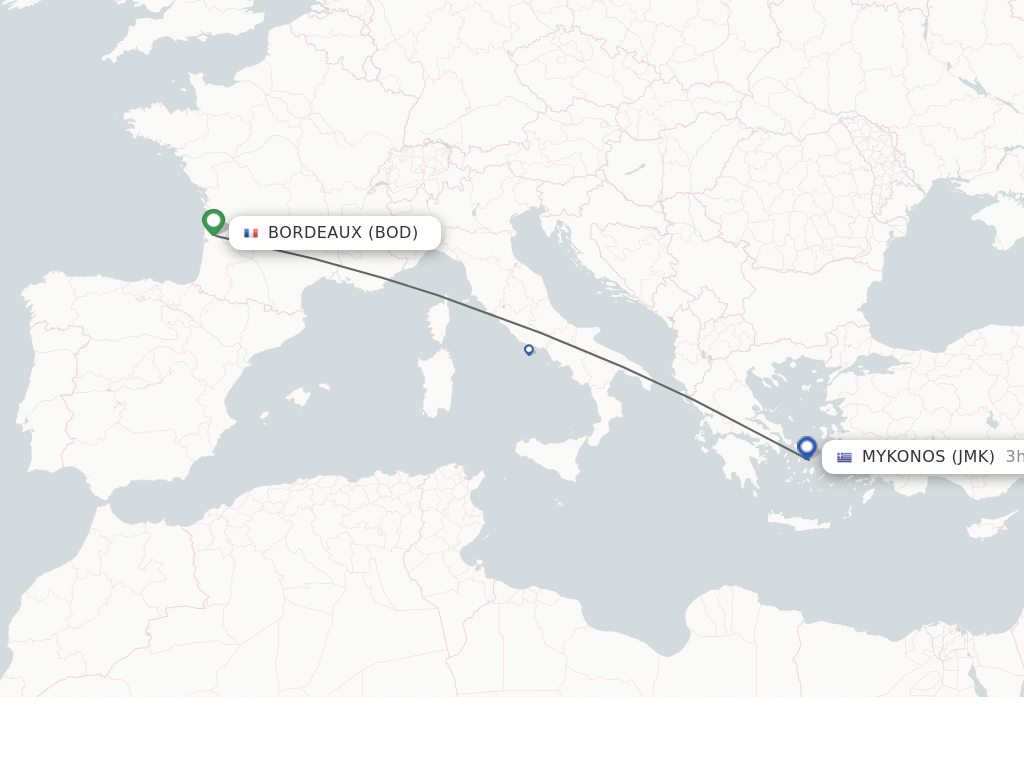 Flights from Bordeaux to Mykonos route map