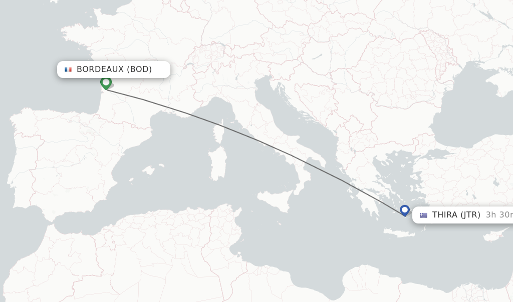 Flights from Bordeaux to Thira route map
