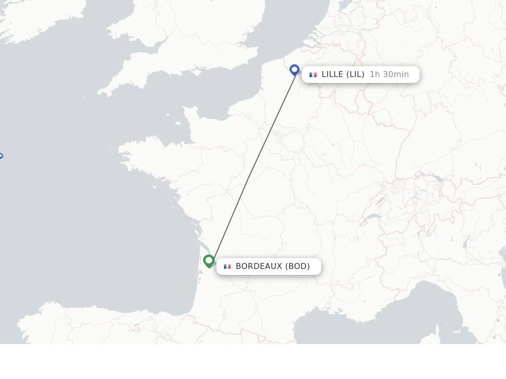 Flights from Bordeaux to Lille route map