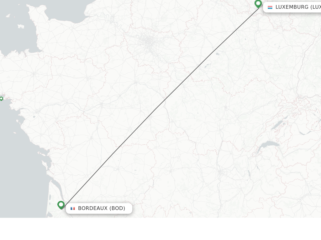Flights from Bordeaux to Luxembourg route map