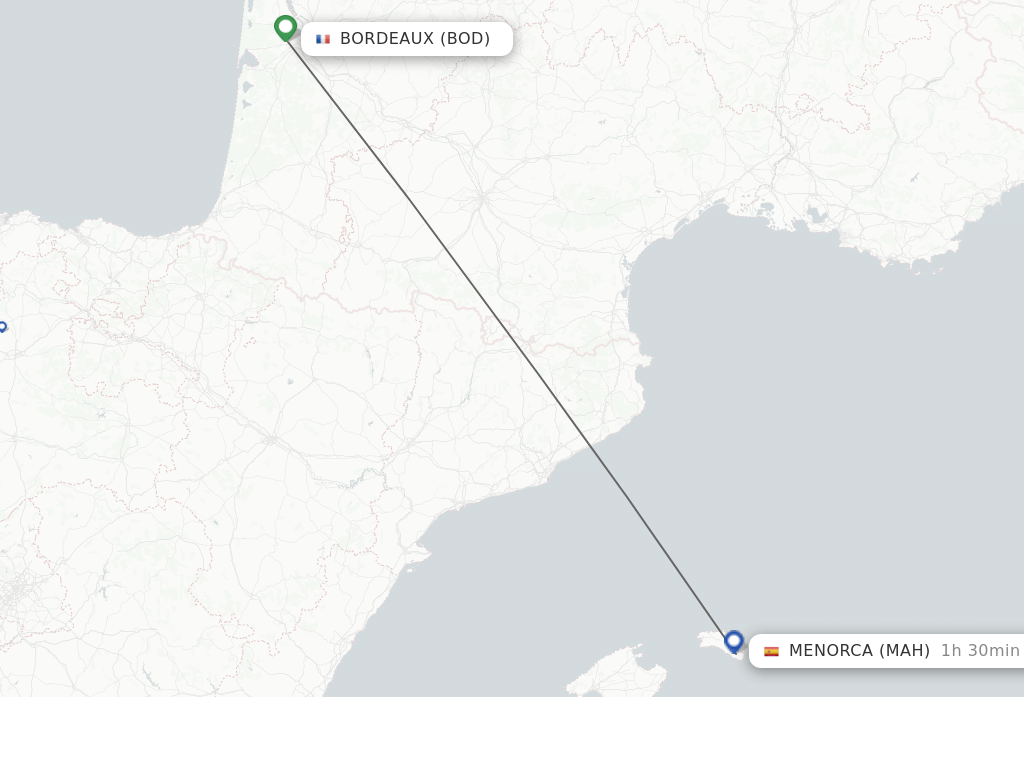 Flights from Bordeaux to Menorca route map