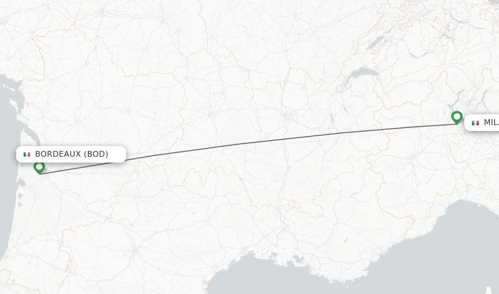 Flights from Bordeaux to Milan route map