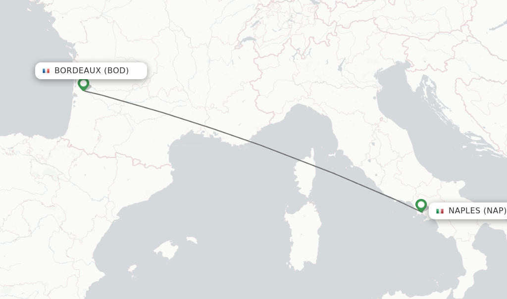 Flights from Bordeaux to Naples route map