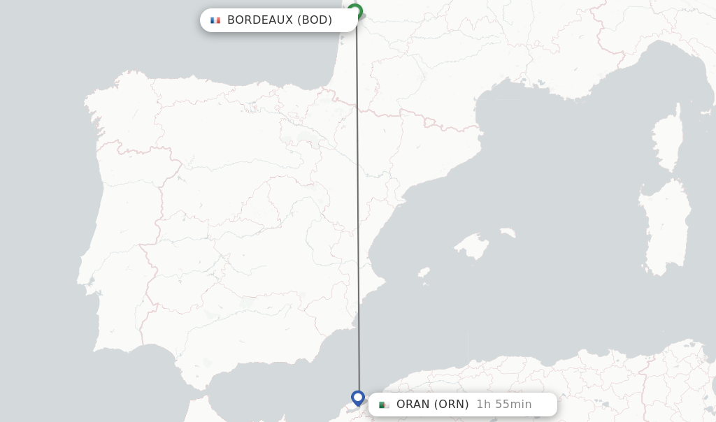 Flights from Bordeaux to Oran route map