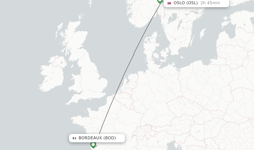 Flights from Bordeaux to Oslo route map