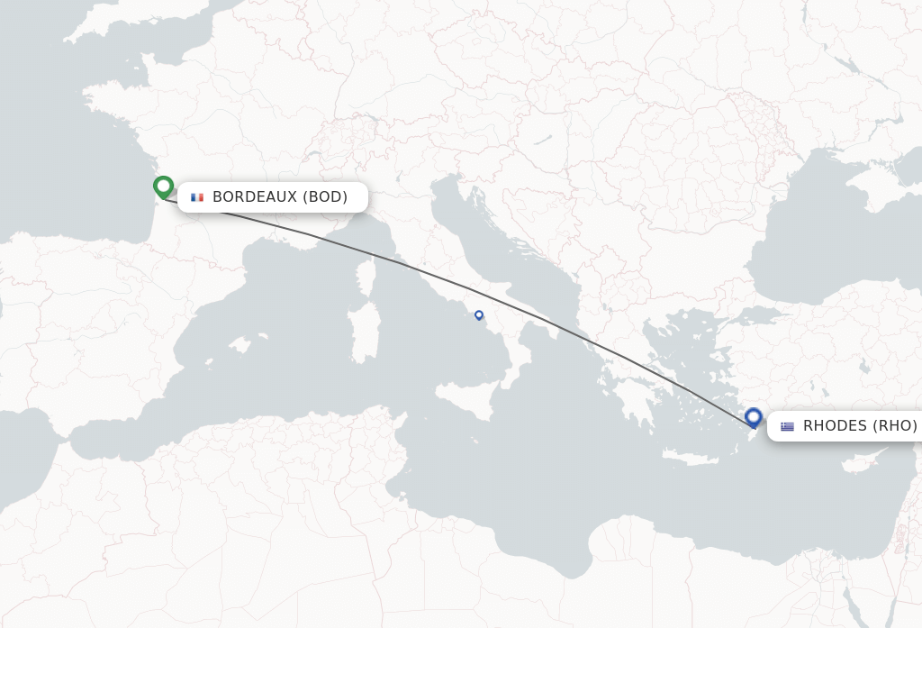 Flights from Rhodes to Bordeaux route map