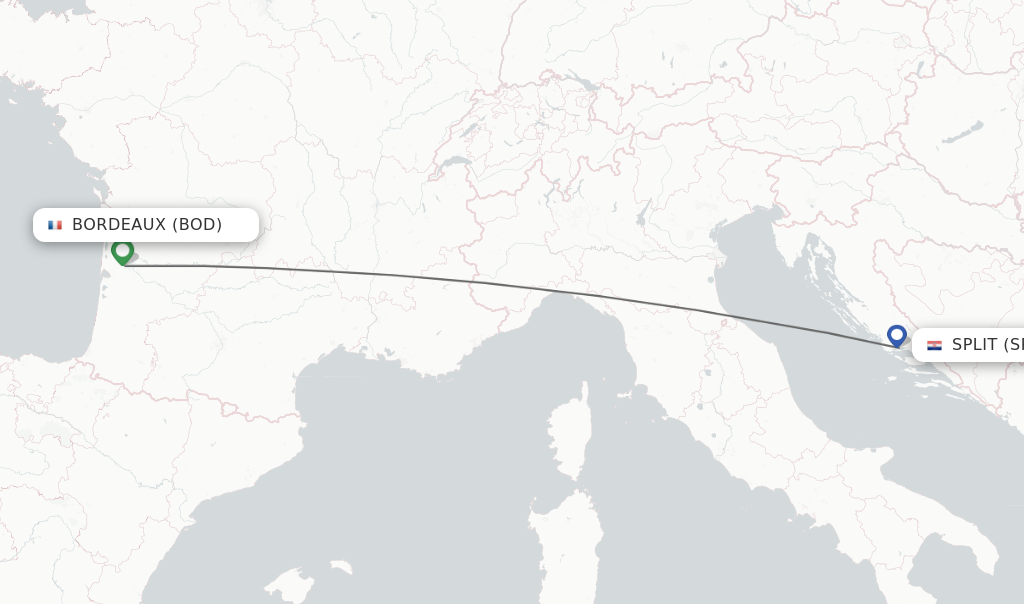 Flights from Bordeaux to Split route map