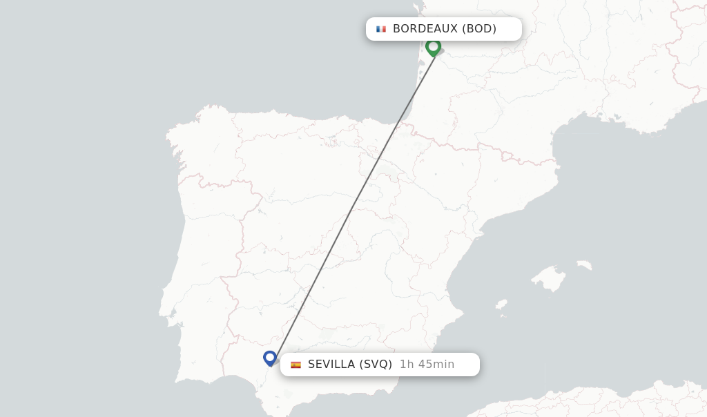Flights from Bordeaux to Sevilla route map