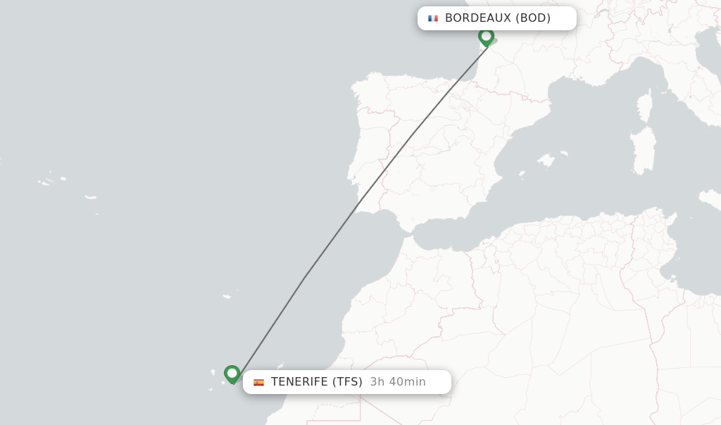 Flights from Bordeaux to Tenerife route map
