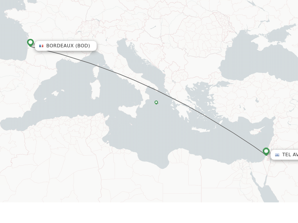 Flights from Bordeaux to Tel Aviv-Yafo route map