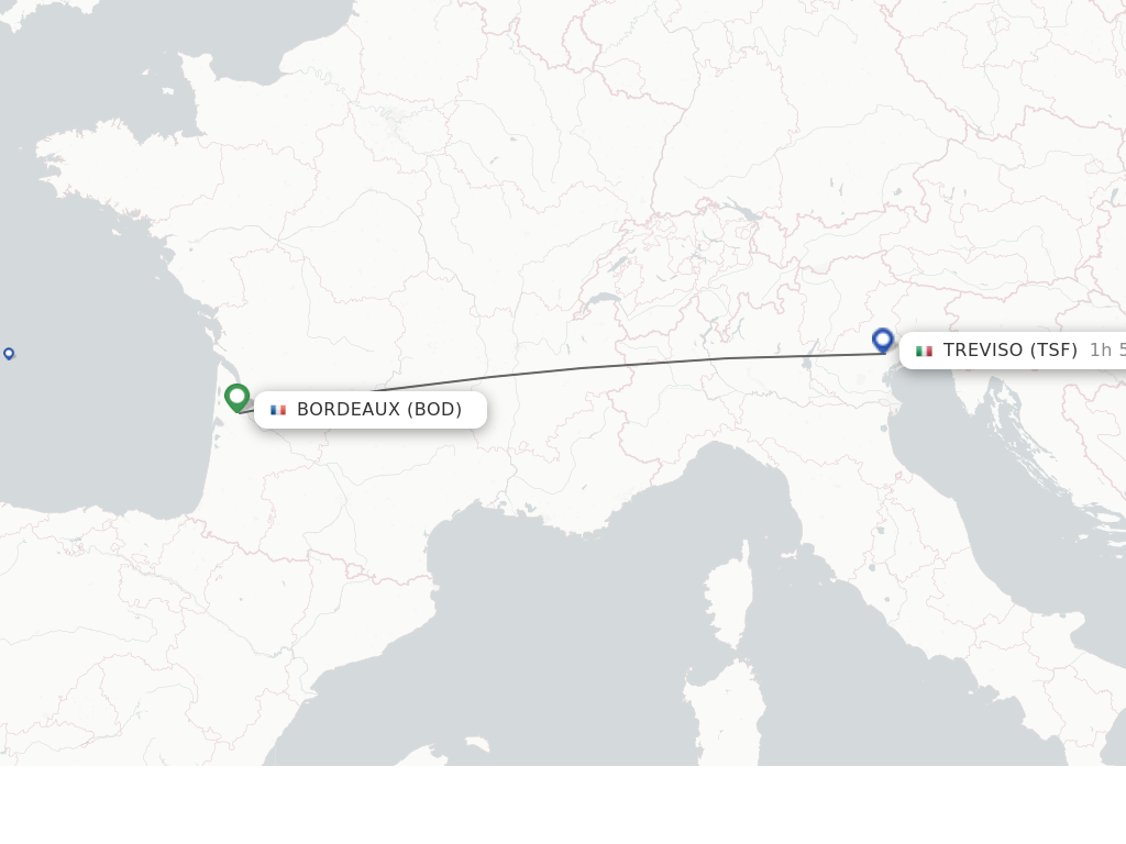 Flights from Bordeaux to Venice route map