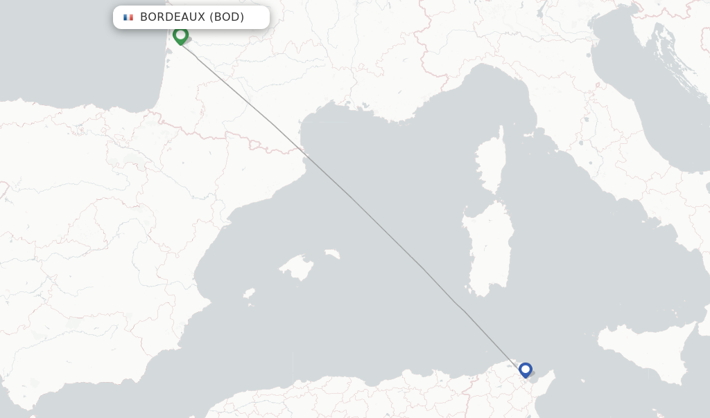Route map with flights from Bordeaux with Tunisair