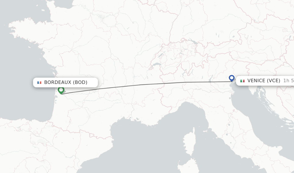 Flights from Bordeaux to Venice route map