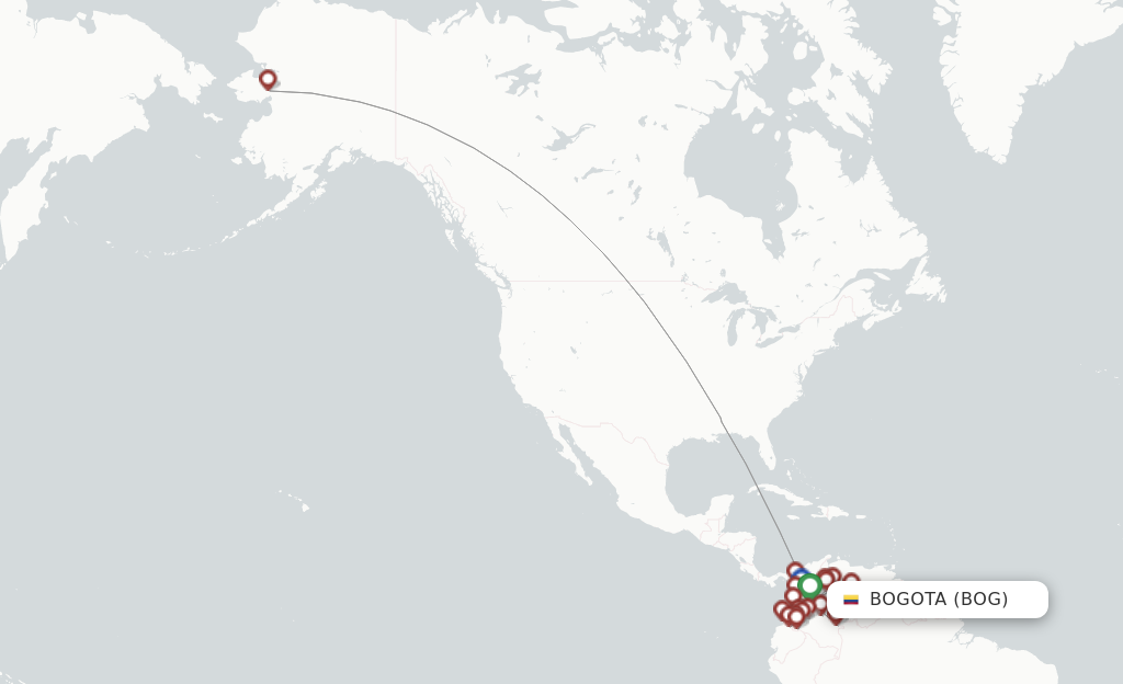 Route map with flights from Bogota with SATENA