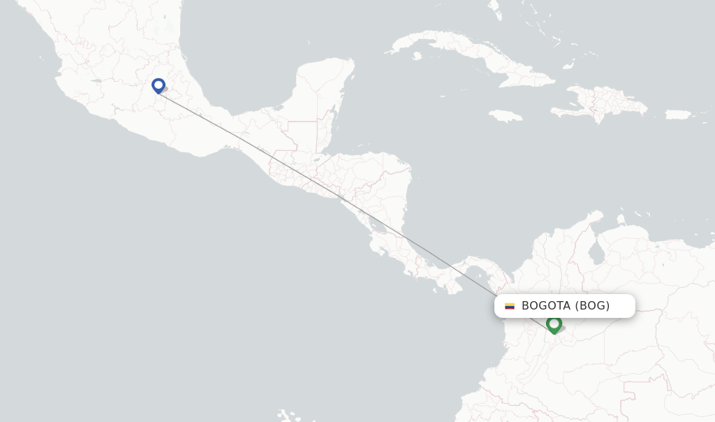 Route map with flights from Bogota with Aeromexico