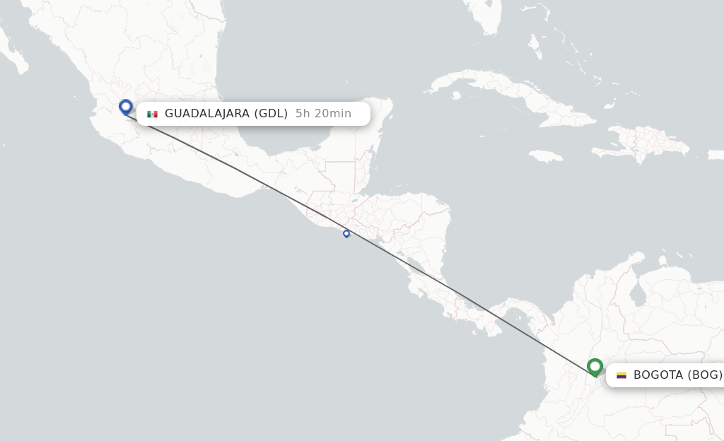 Flights from Bogota to Guadalajara route map