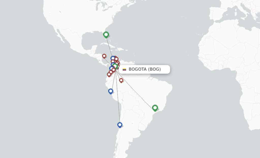 Route map with flights from Bogota with LATAM Airlines