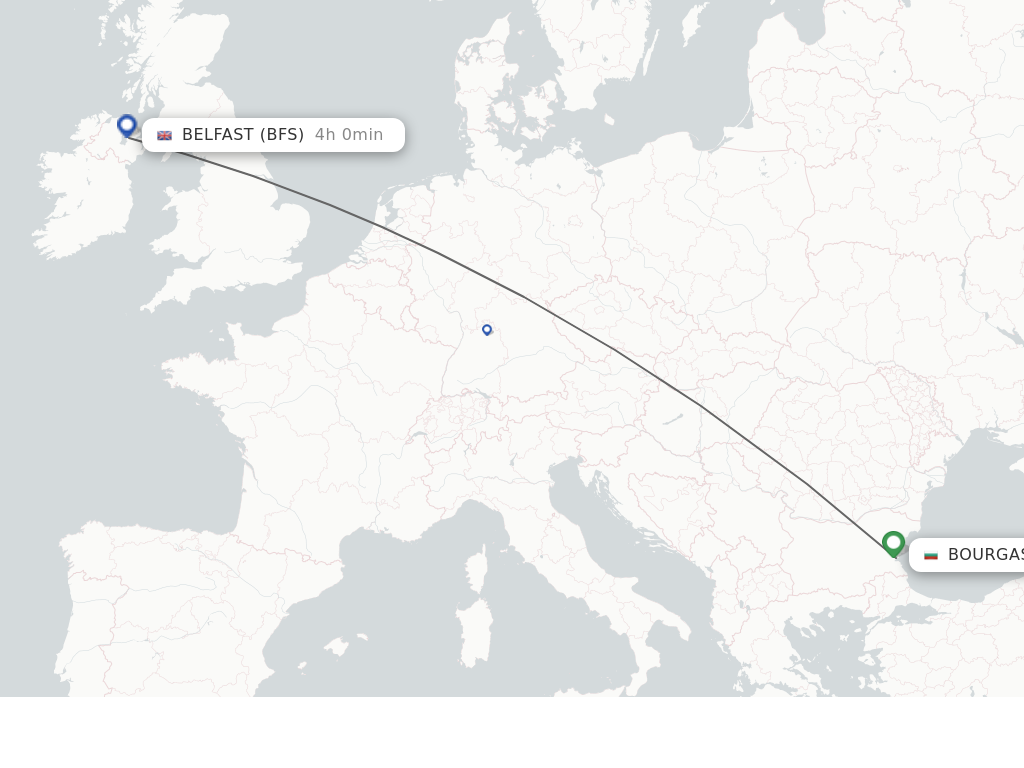 Flights from Burgas to Belfast route map