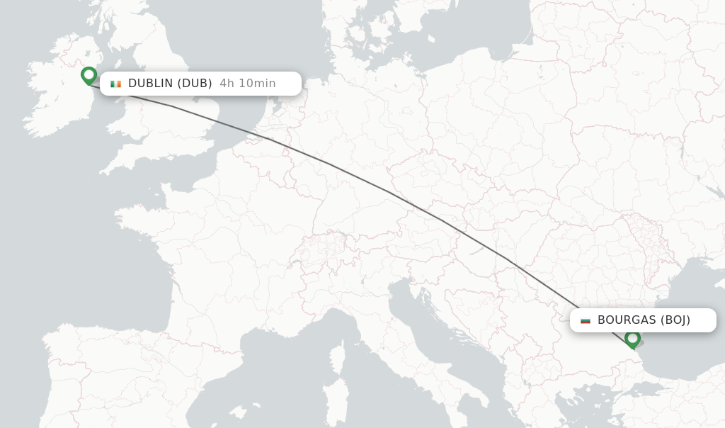 Flights from Burgas to Dublin route map