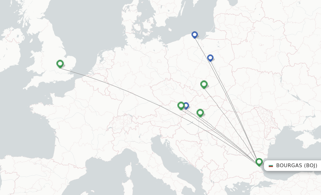 Route map with flights from Bourgas with Ryanair