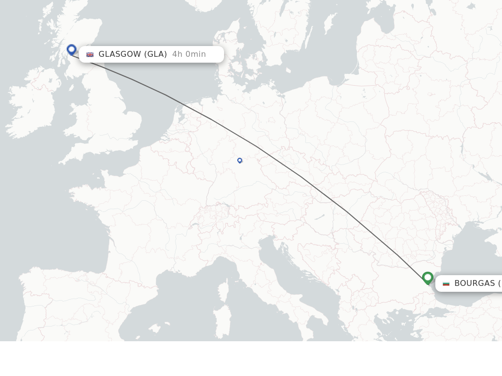 Flights from Bourgas to Glasgow route map