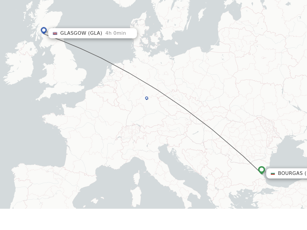 Flights from Burgas to Glasgow route map