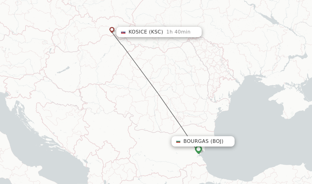 Flights from Burgas to Kosice route map