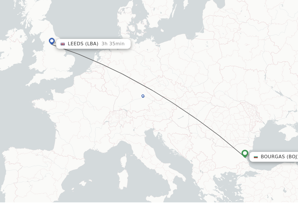 Flights from Burgas to Leeds route map