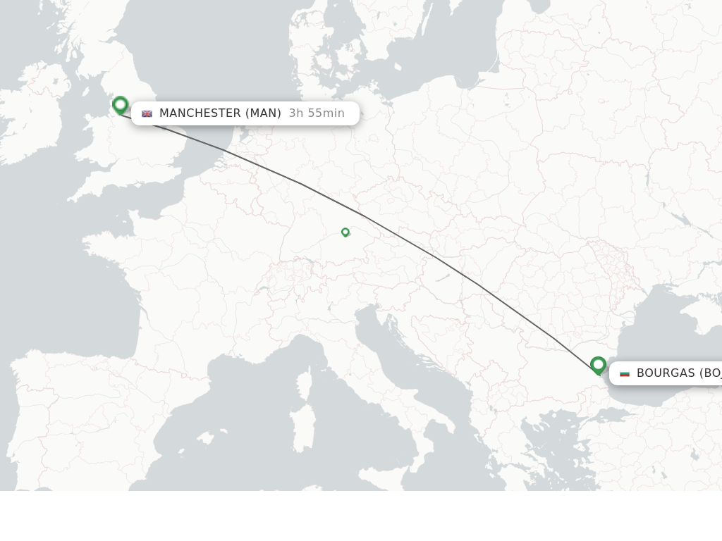 Flights from Bourgas to Manchester route map