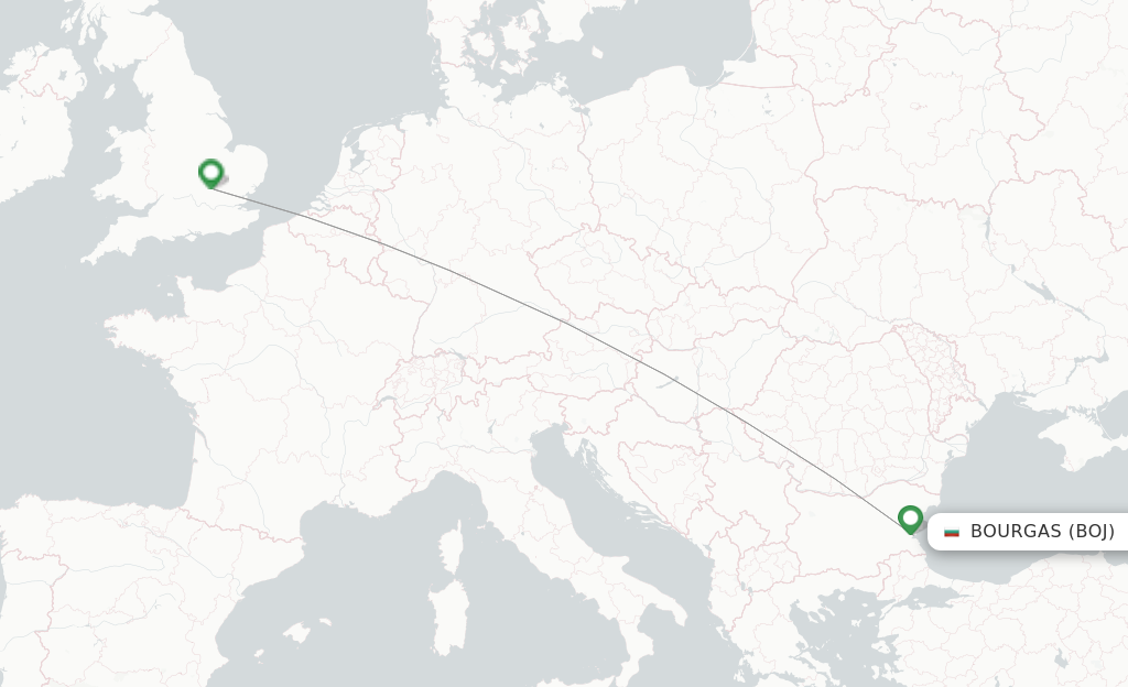 Route map with flights from Bourgas with Wizz Air UK