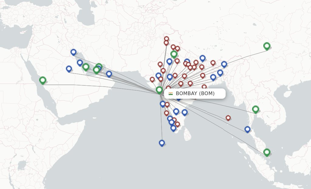 Route map with flights from Bombay with IndiGo
