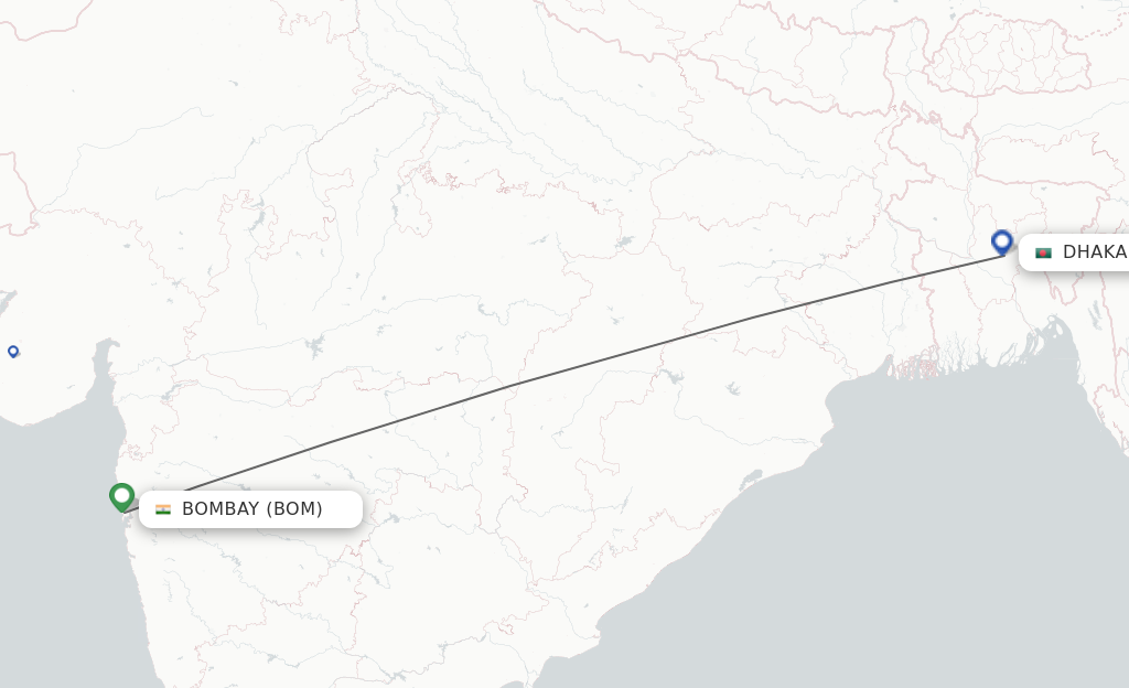 Flights from Mumbai to Dhaka route map