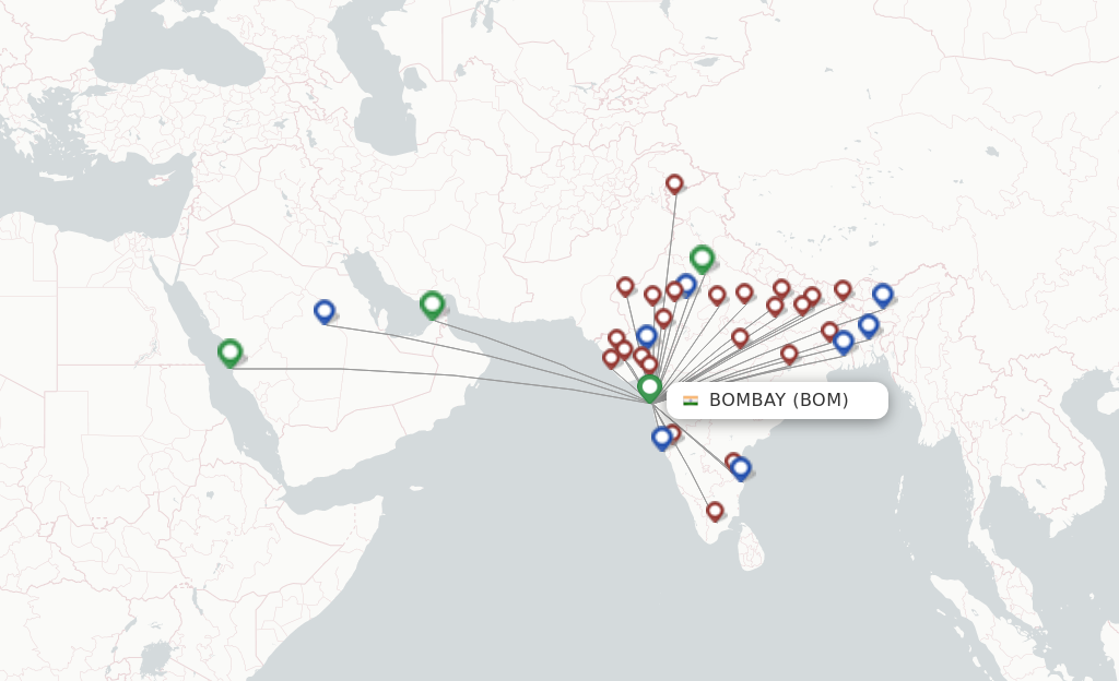 Route map with flights from Bombay with SpiceJet
