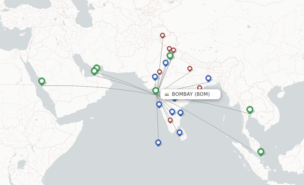 Route map with flights from Bombay with Vistara