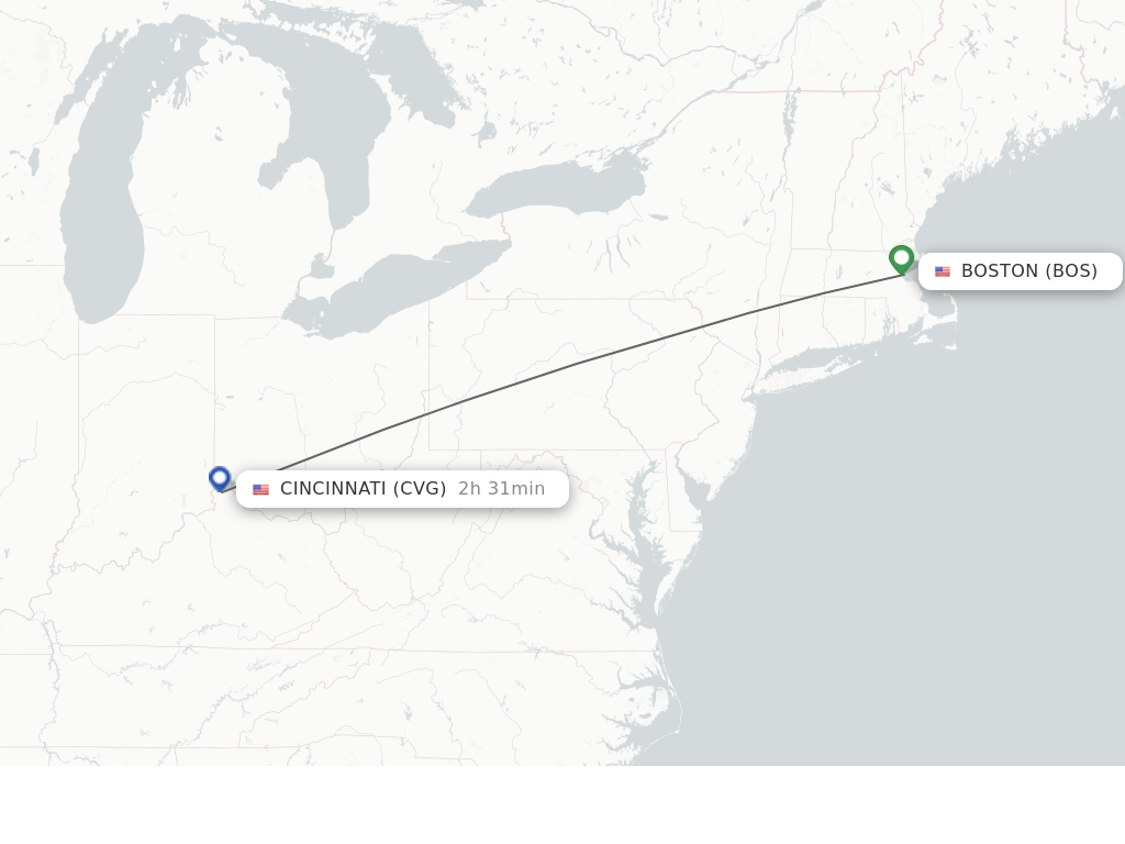 Flights from Boston to Cincinnati route map