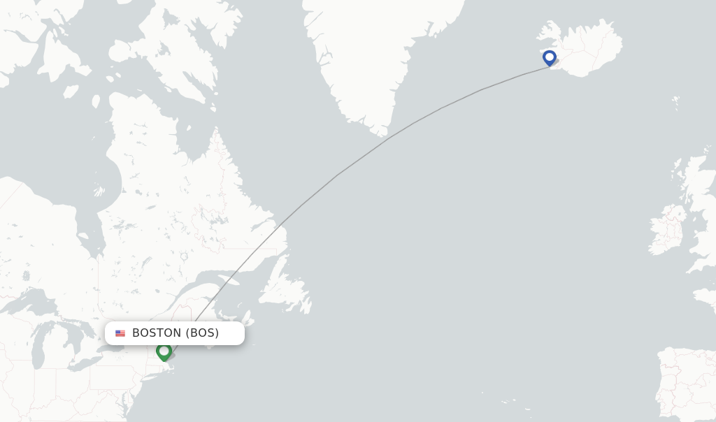 Route map with flights from Boston with Icelandair