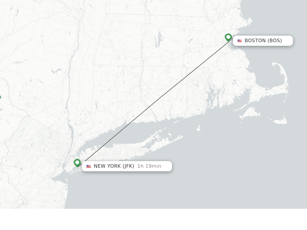 Flights from Boston to New York route map
