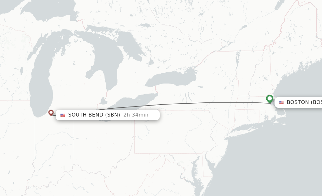 Flights from Boston to South Bend route map