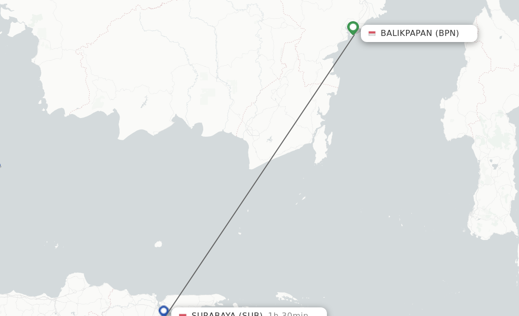 Flights from Balikpapan to Surabaya route map